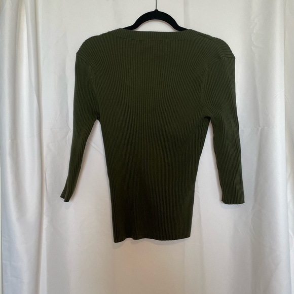August Silk/ Olive green top v-neck with floral accent​​​​​​​​​​ - Picture 3 of 5